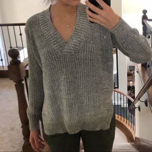 V-neck gray knit sweater